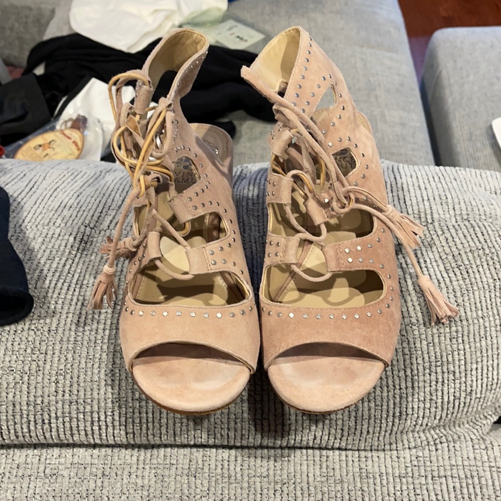 Vince Camuto 7.5 tan suede open toe lace up with silver stud booties